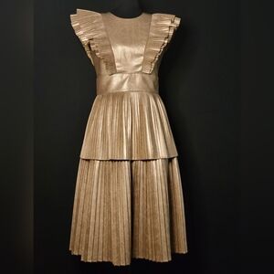 Emily McCarthy Chloe Metallic Gold Pleated Midi Dress